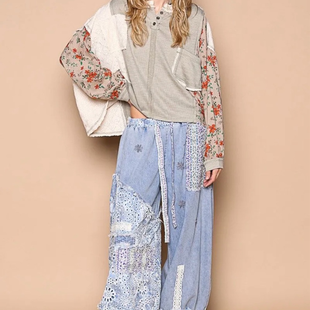 Floral Patchwork Denim and Crochet Jogger style Pants